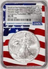 2021(S) Type 1 $1 American Silver Eagle Coin NGC MS70 FDI San Francisco Flag Core