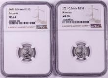 Lot of (2) 2021 Great Britain 10 Pounds Britannia 1/10oz Platinum Coins NGC MS69