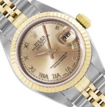 Rolex Ladies Two Tone Champagne Roman Datejust Wristwatch