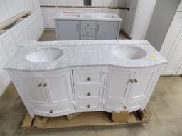 New White 60'' Vanity, Curved Front, Brushed Nickel Hardware, Marble Double