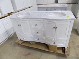 New White 60'' Vanity, Curved Front, Brushed Nickel Hardware, Marble Double