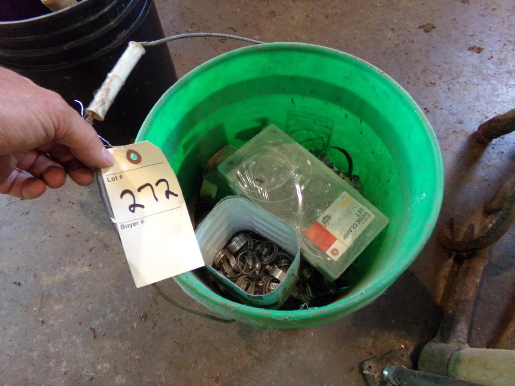Green Bucket Of Mostly New Screw-Type Hose Clamps