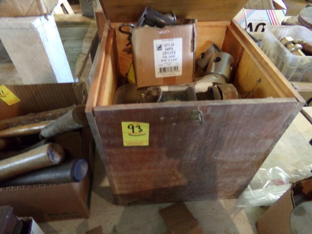 Wood Box w/Misc. Tractor Hitch Pins, Draw Bar Pins, etc.  (93)