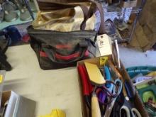 Box Of Misc. Tools- Scissors, Snips, Rivet Gun, Staples, Craftsman Tool Bag