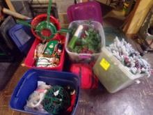 (4) Totes of Christmas Items-Wreaths, Garland, Bows, Lights and Christmas T