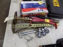 Group of New Items: Hitch Balls, Drop Pins, Extendable Jack Feet, Battery C