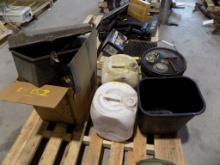 Pallet of Misc. - Gray Tool Box with Loomed Wire, Black Trash Can, (3) Buck