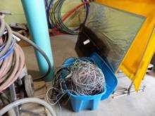 Blue Tote Full of Assort. Wire, Large Blue Plastic Tube, (3) Steel Grates a