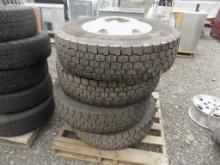 (4) Mounted 11 R 22.5 Tires on White Steel Rims