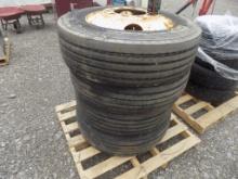 (4) Mounted 22.5 Tires on White Steel Rims