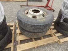 (2) Mounted 22.5 Tires on White Steel Rims