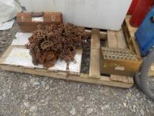 Tool Box with Bender Dies, Tire Chains and Misc. Scrap Pieces