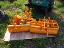 New Mini Excavator Attachment Set- Yellow, Buckets, Rake Ripper, Grapple, H