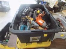 Black Tote With Older Power Tools On Table, Heat Gun, Drills, Jig Saws, San