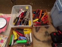 (3) Boxes Of Misc Tools, Box Cutters, Pocket Knives, Tin Snips, Pliers, Wir