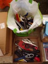 Bag & Box Of Misc Tools, Adjustable Wrenches, Screwdrivers, Pipe Wrench, Ti