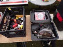 Crate Of Tape Measures & Skilsaw 7 1/4'' Circ Saw In Case