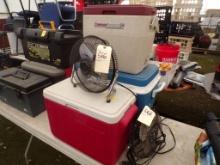 (3) Coolers, (2) Coleman (1) Rubbrmaid & (2) Round Fans