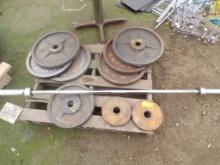 Lifting Barbell and Group of Weight Plates - (6) 45 LB, (1) 35 LB
