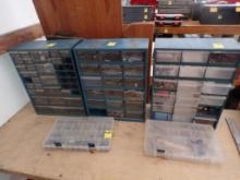 (3) Upright Organizers, MISSING SOME TRAYS with Assorted Hardware, Hinges,