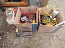 (2) Boxes of Misc. Items - Empty Tool Cases, Tool Belt, Ext. Cords, Bar Cla