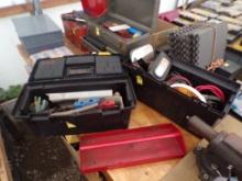 (2) Plastic Tool Boxes with Contents - Screwdrivers, Wire Brushes, Hacksaw