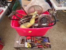 Tote of Misc. Items - Hacksaws, Bow Saws, Tape Measures, Screwdrivers, Prop