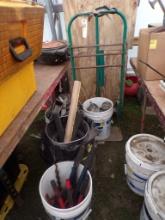 (2) Buckets of Casters, (2) Wooden Storage Boxes 29'' x 10'' x 30'', 2 Whee
