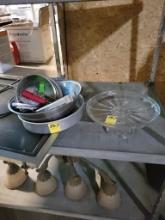 Glass Cake Display Stand, Cake Pan and Misc. Bowls and Utensils