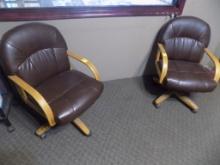 (2) Leather and Wood Rolling Office Chairs and a Black Rolling File Stand (