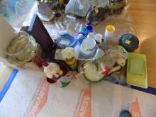 Lg Grp of Household Decorations - Fish Platter, Plastic Cups, Ceramic Pot,