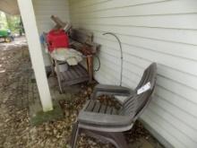 Wooden Work Table, (2) Plastic Adirondack Chairs, Contents of Table  (Outsi