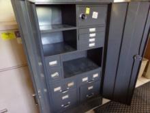 2 Door Cabinet with Safe, 10 Drawers and 3 Shelves (See Photo), Has Combina