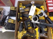 Box with DeWalt 20V Tools - (2) Drills, 1/4 Impact, Sawzall, (3) Batteries,