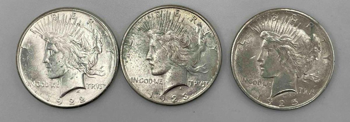 (3) Peace Silver Dollars: 1922S , 1923S, 1925- all with PVC. (3 total)