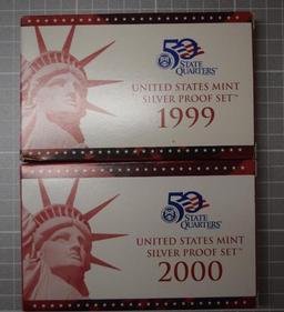 1999 & 2000 US Mint Silver Proof Sets (2 sets total).