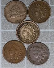 1857 Flying Eagle & 1859, 1862, 1865 & 1879 Indian cents (5 coins total).