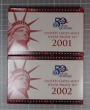 2001 & 2002 US Mint Silver Proof Sets (2 sets total).