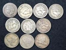 1857, 1858 LL & 1858 SL Flying Eagle small cent; 1859, 1860, 1861, 1862, 1863, 1864 CN & 1874 Indian