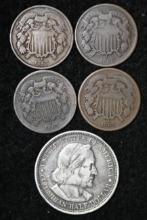 1864, 1865, 1687 & 1868 two cents. Also 1893 Columbian Classic Commemorative half dollar (5 pcs).
