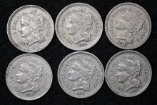 1865, 1866, 1867, 1868, 1870, 1873 three cent nickel (6 pcs).