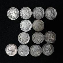 1913 Type 1, 1913 Type 2, 1914, 1917, 1919, 1919S, 1920, 1925 & 1938D Buffalo nickels (13 pcs)
