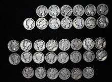 (13) 1916, (16) 1918 & (6) 1925 Silver Mercury dimes (35 pcs).