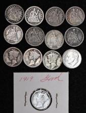 1851, 1853 Arrows, 1856, 1857, 1873, 1883, 1889 & 1891 Silver Seated Liberty dimes. 1916, 1916S,
