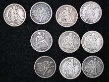 1839 No Drapery, 1853 Arrows, 1884, 1886, 1887, (2) 1889 & (3) 1891 Silver Seated Liberty dimes (10