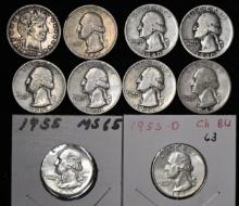 1916D Silver Barber quarter. 1940DS, 1941S, 1947DS, 1948DS & 1955PD Silver Washington quarters (10