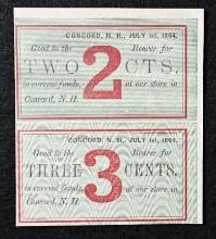 New Hampshire Scrip: 1864 Concord 2 cent & 3 cent pair, uncut, unissued remainder.