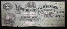 College Currency: 1865 Worthington & Warner's Commercial College Bank, Concord, NH, $2.00.