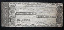 Vermont Obsolete Notes: 1836 Bank of Windsor, $5.00.
