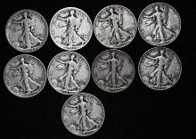 1918, 1918S, 1937S, 1939S-1943S, all S & 1945S Silver Walking Liberty half dollars (9 pcs).